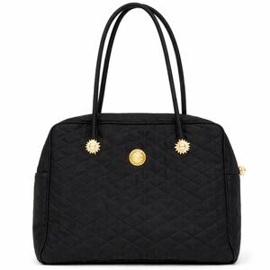 Vintage Philippe Charriol 90s Black Quilted Nylon Shoulder Tote Gold Medallion